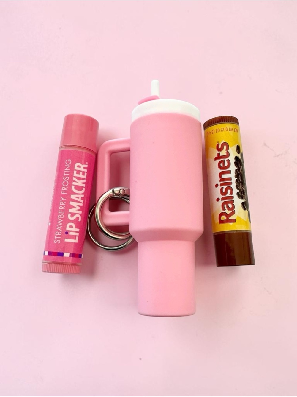 🆕 3D Tumbler Key Chain with Strawberry Frosting and Raisinets Lip Balms